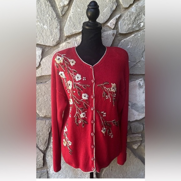 Carolina Colours Sweaters - Vintage Carolina Colours Cardigan Sweater Small Red Embroidered Beaded Floral